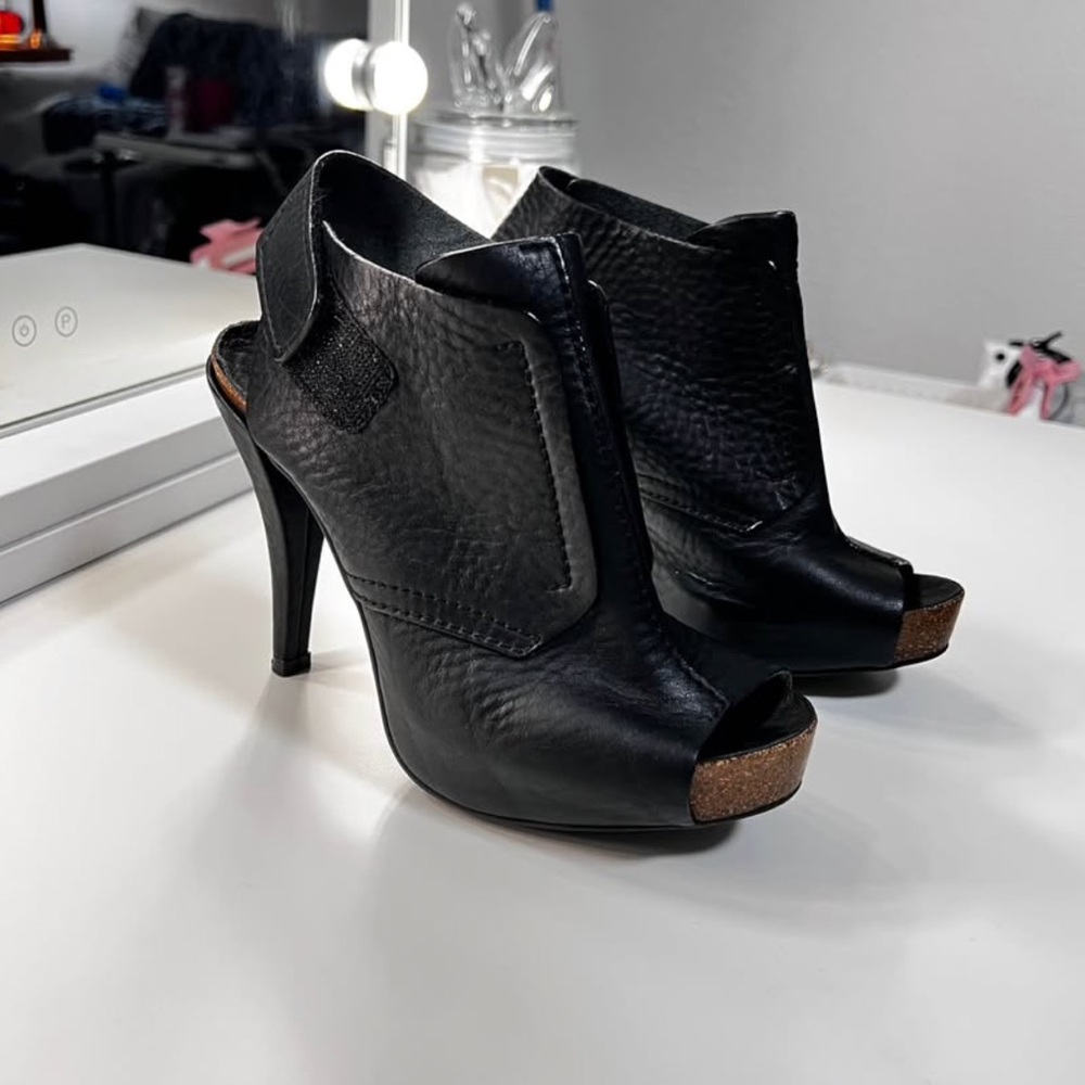 Pedro Garcia Black Peep-Toe High Heel Booties with Gold Accent
